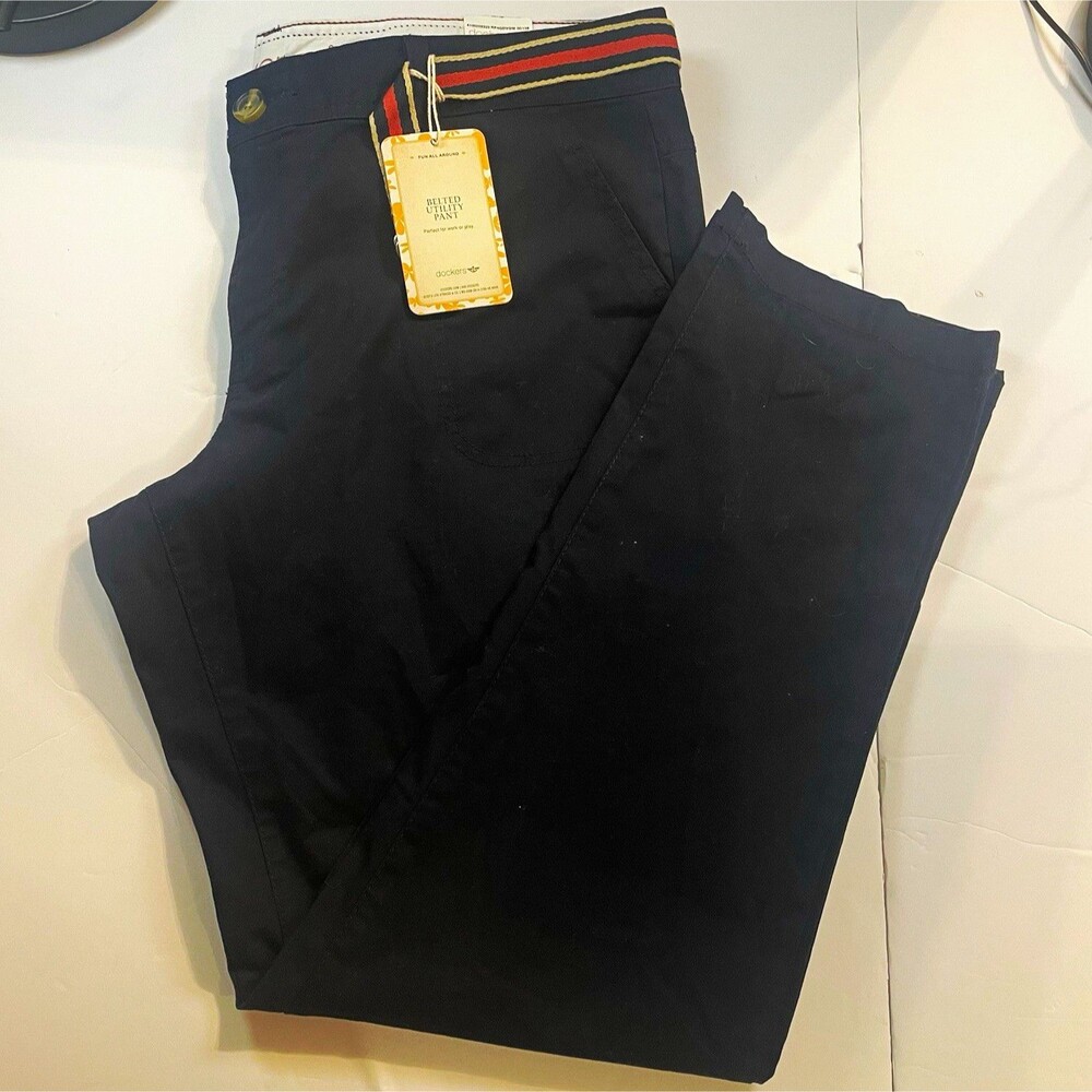 Dockers Women's Belted Utility Pants Black Canvas Cotton Stretch Straight 16